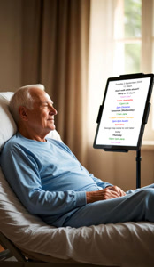 MessageBoard marketing image: Elderly man comfortably glancing at bedside tablet